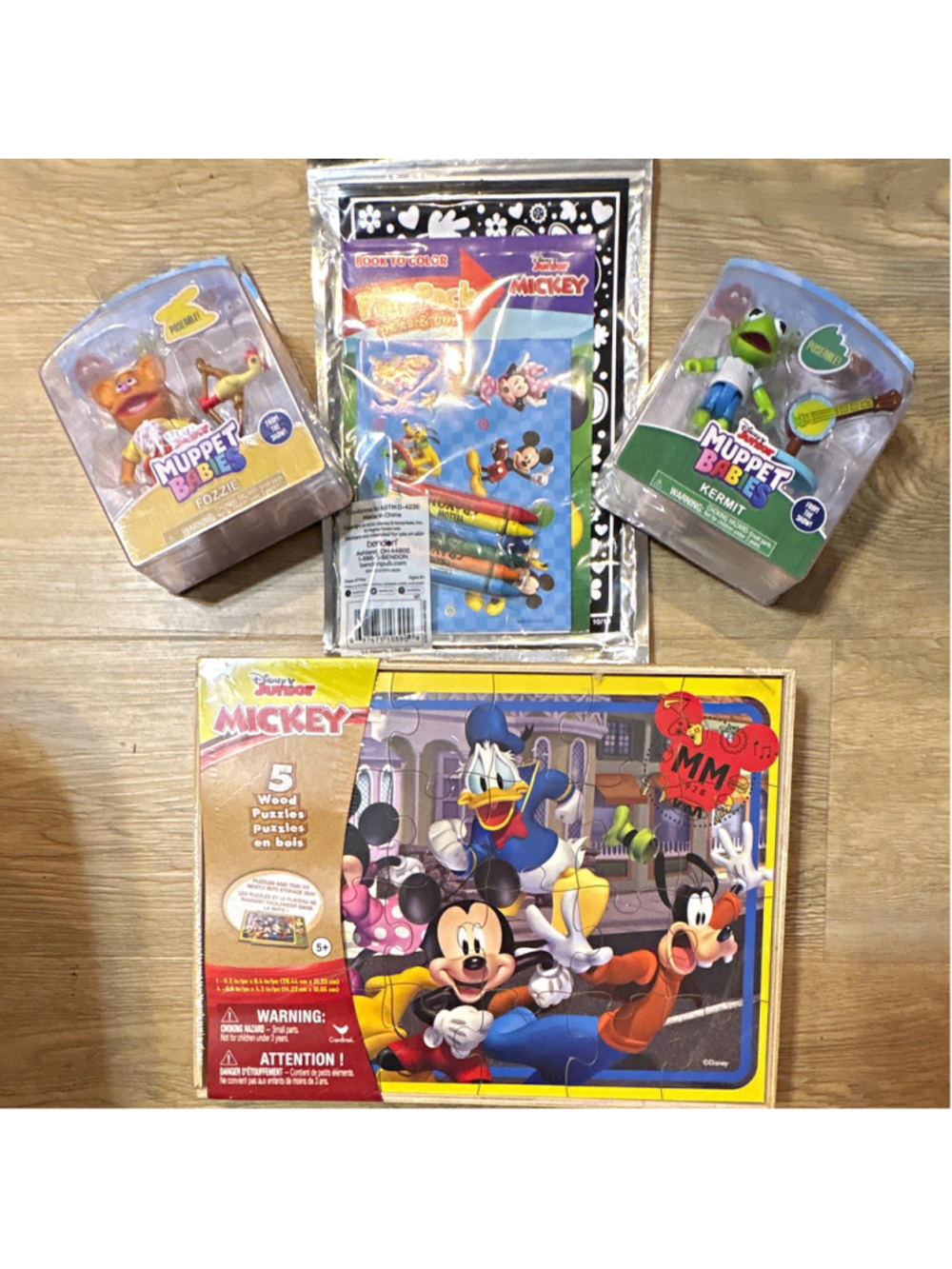 Lot of 4 New toys 4 in 1 wooden puzzle, 2 muppet babies & play pack grab & go